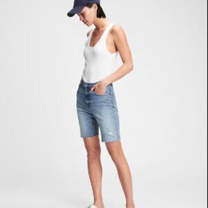 GAP Bermuda Jean Shorts High Rise Distressed Raw Frayed Hem Light Wash 27 4